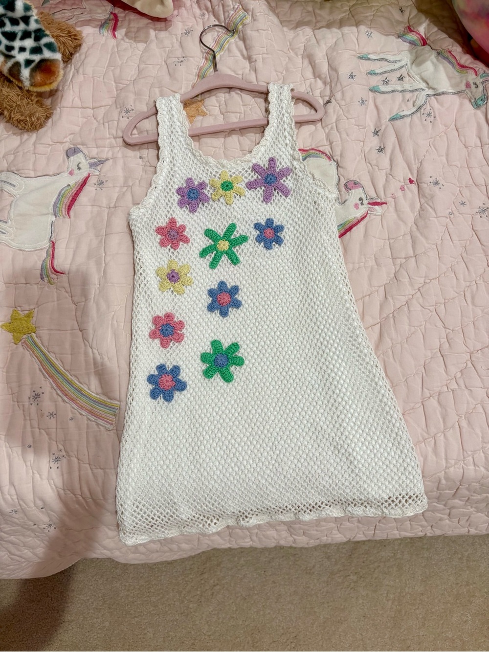 Beach Riot White Crochet Kids Swim Coverup with Multicolor Floral Appliqués